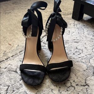 Elegant Black Pearl-Embellished Tie-Ankle Heels